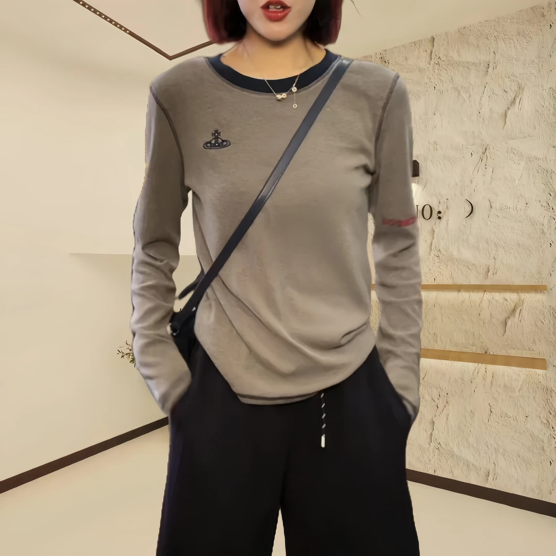 高级感字母刺绣打底衫t恤女长袖2025春秋季新款宽松灰色明线上衣x