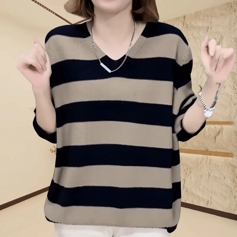 秋季长袖针织衫毛衣女装大码条纹洋气显瘦宽松套头百搭上衣打底衫