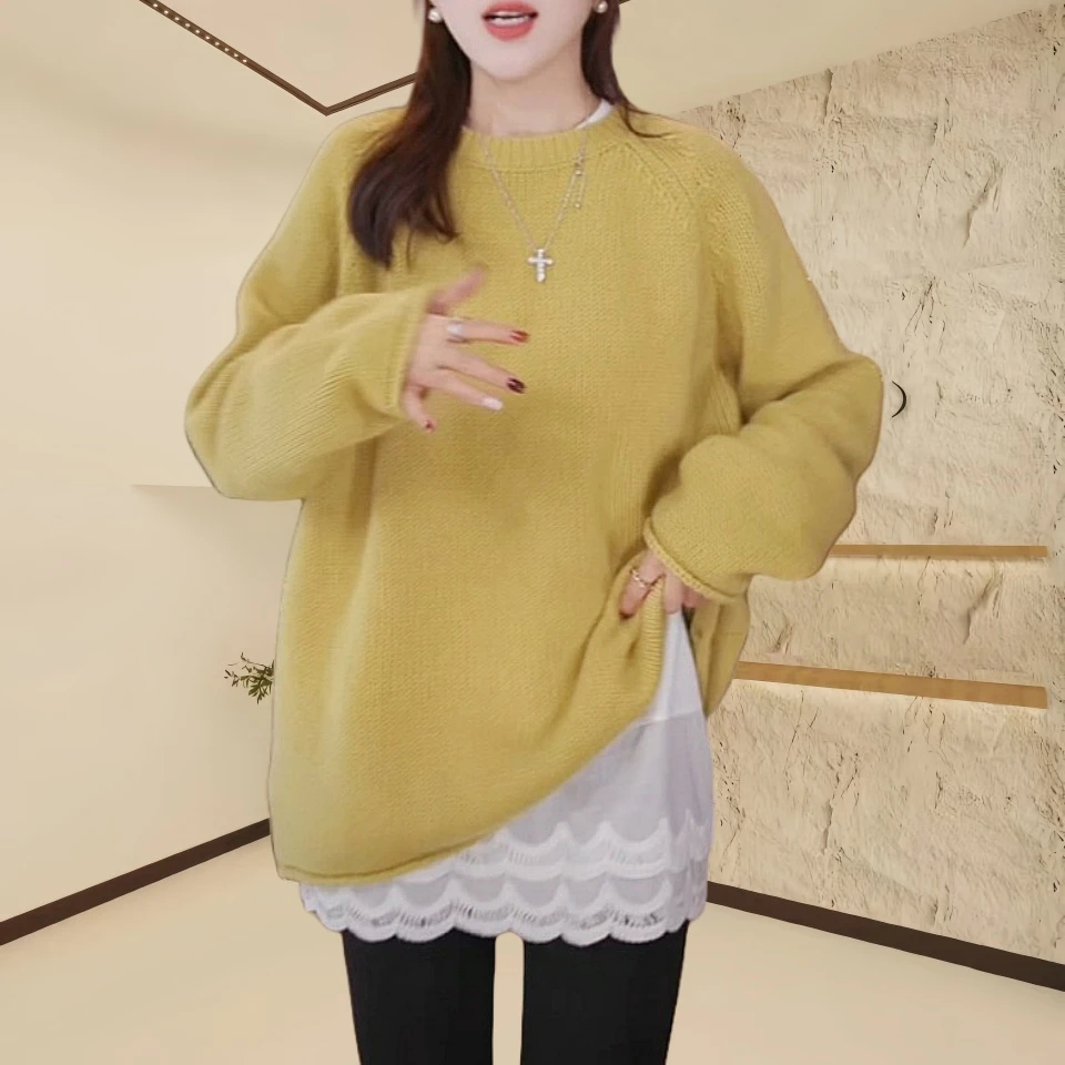 春新款圆领简约厚款宽松针织衫毛衣女高级感软糯百搭中长款上衣