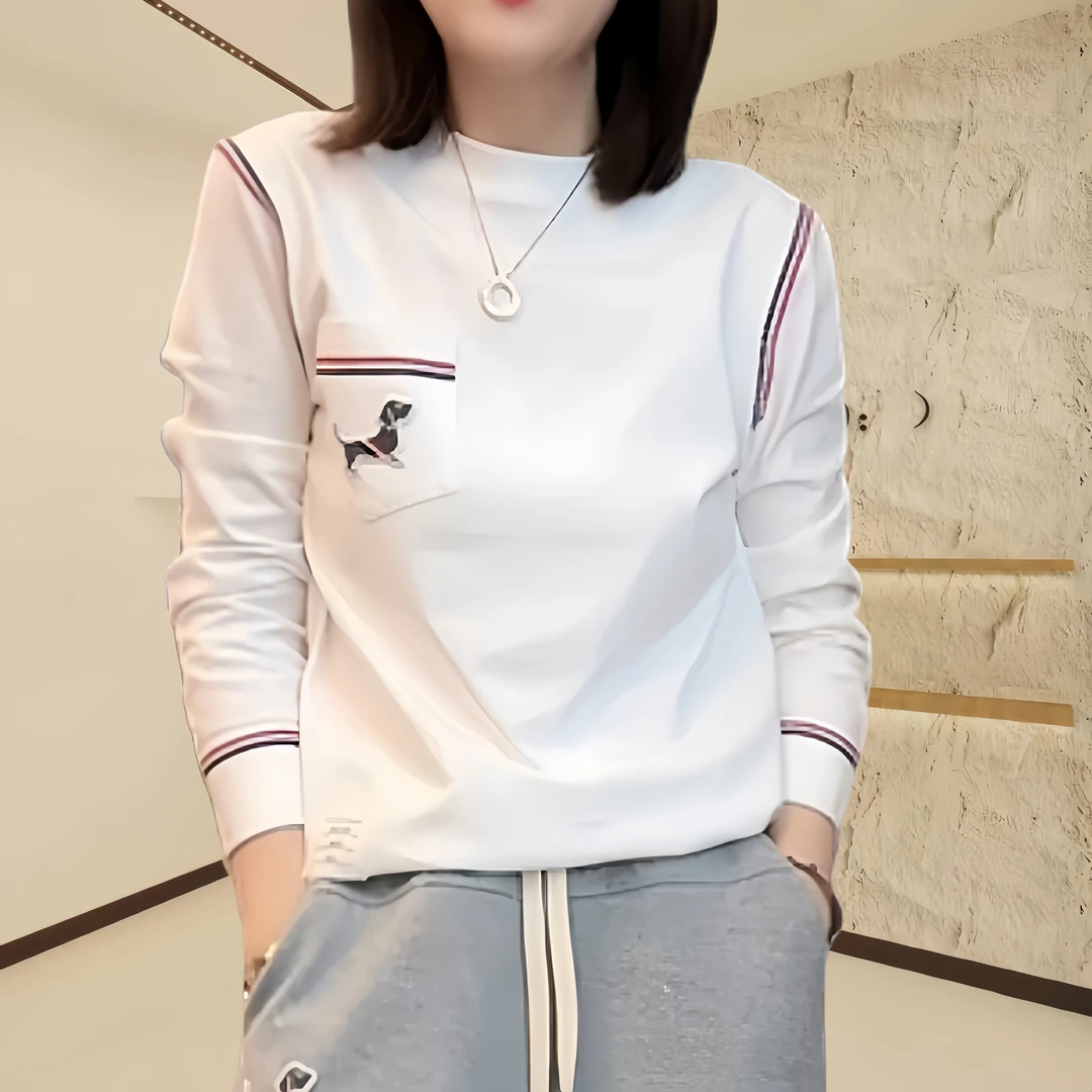 秋冬宽松气质刺绣小狗卫衣女士2024新款休闲圆领拼色长袖T恤上衣