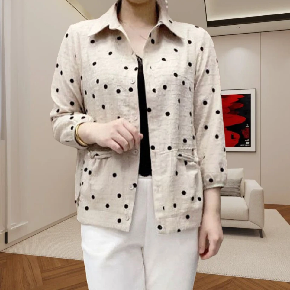 8421春季新款中年妈妈装大码小外套长袖薄款波点衬衫宽松女士上衣