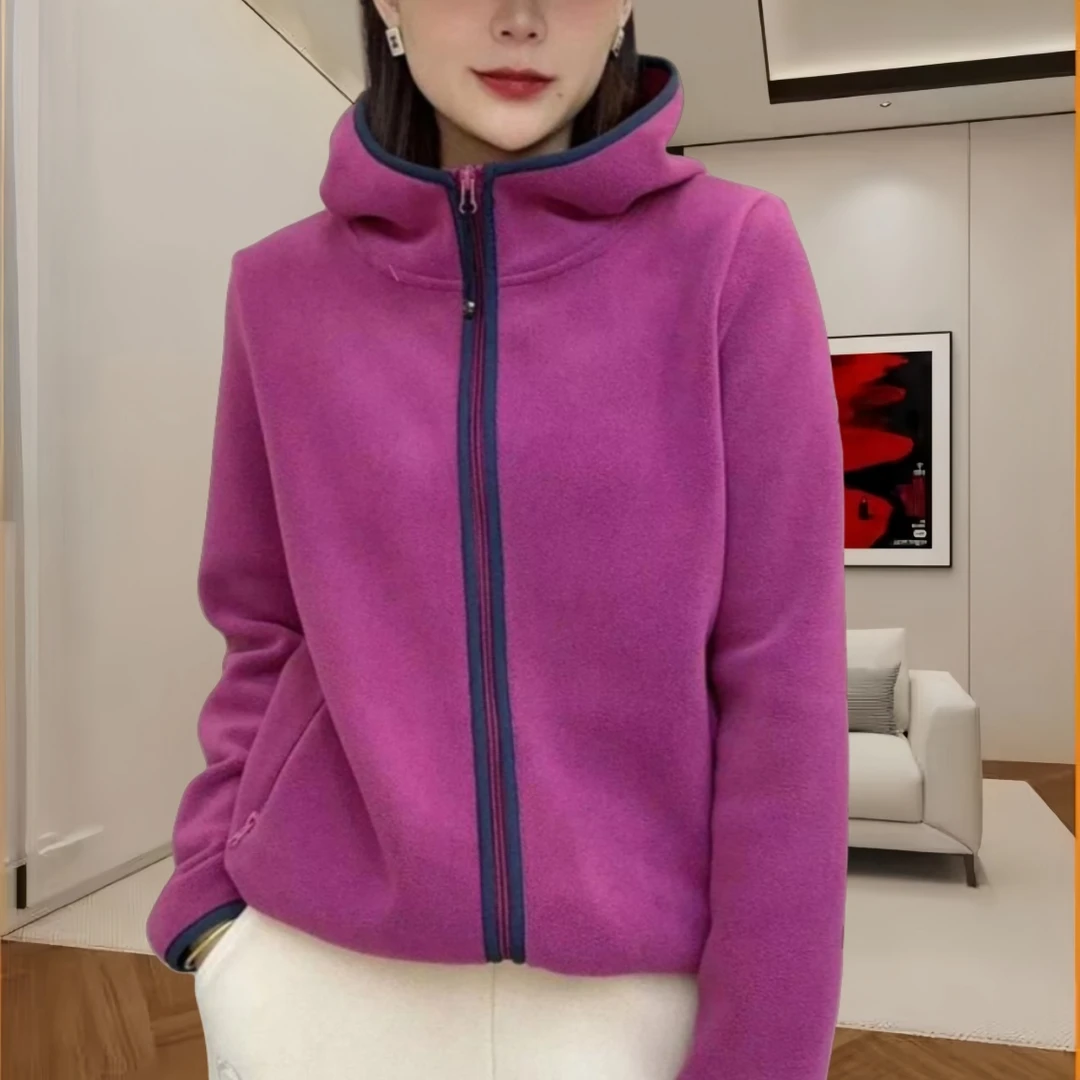 时尚高档连帽双面绒拉链卫衣女大码春季新款韩版百搭撞色女款外套