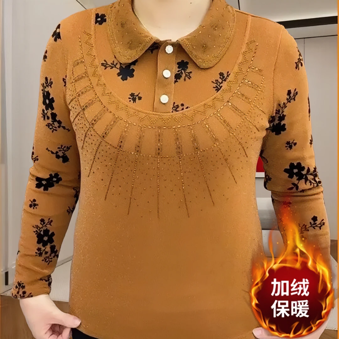 0668Polo领烫钻t恤2024早春女装新款妈妈宽松遮肉保暖加绒打底衫