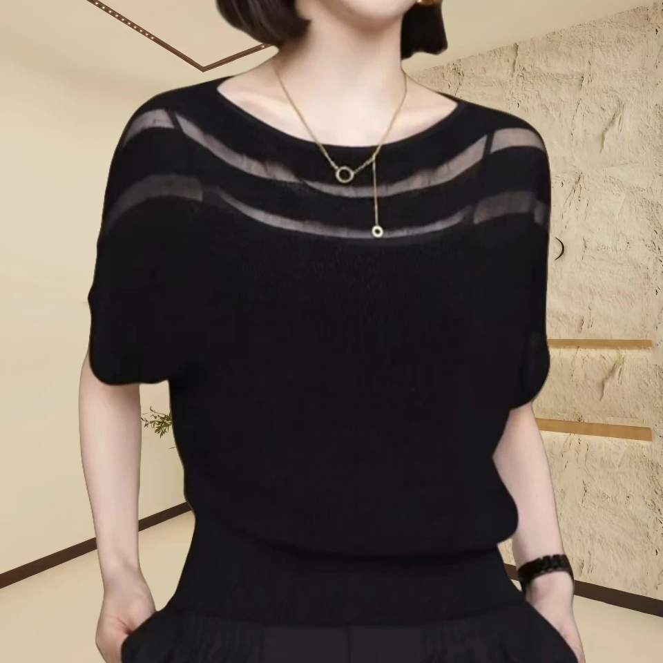 2025夏季新款黑色显瘦气质T恤上衣时尚百搭洋气遮肚子针织衫女装