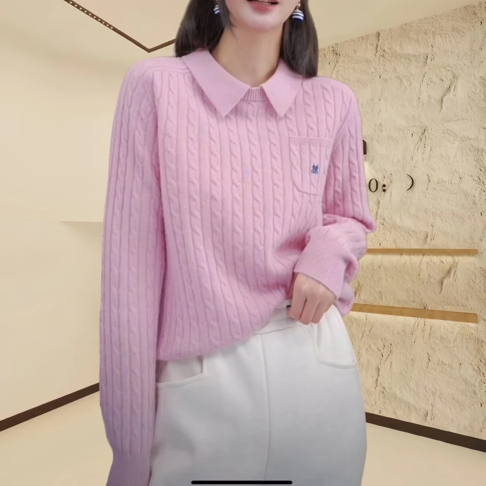 2024新款麻花翻领时尚针织衫显瘦减龄宽松百搭长袖针织衫上衣