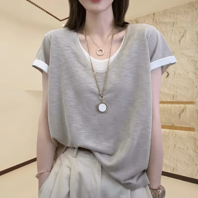 条纹薄款假两件短袖T恤夏季新款宽松显瘦时尚V领短袖韩版休闲上衣