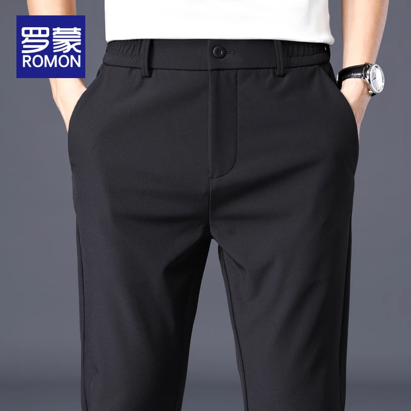 罗蒙男士休闲裤夏季薄款2024新款潮牌宽松直筒弹力西裤冰丝长裤子