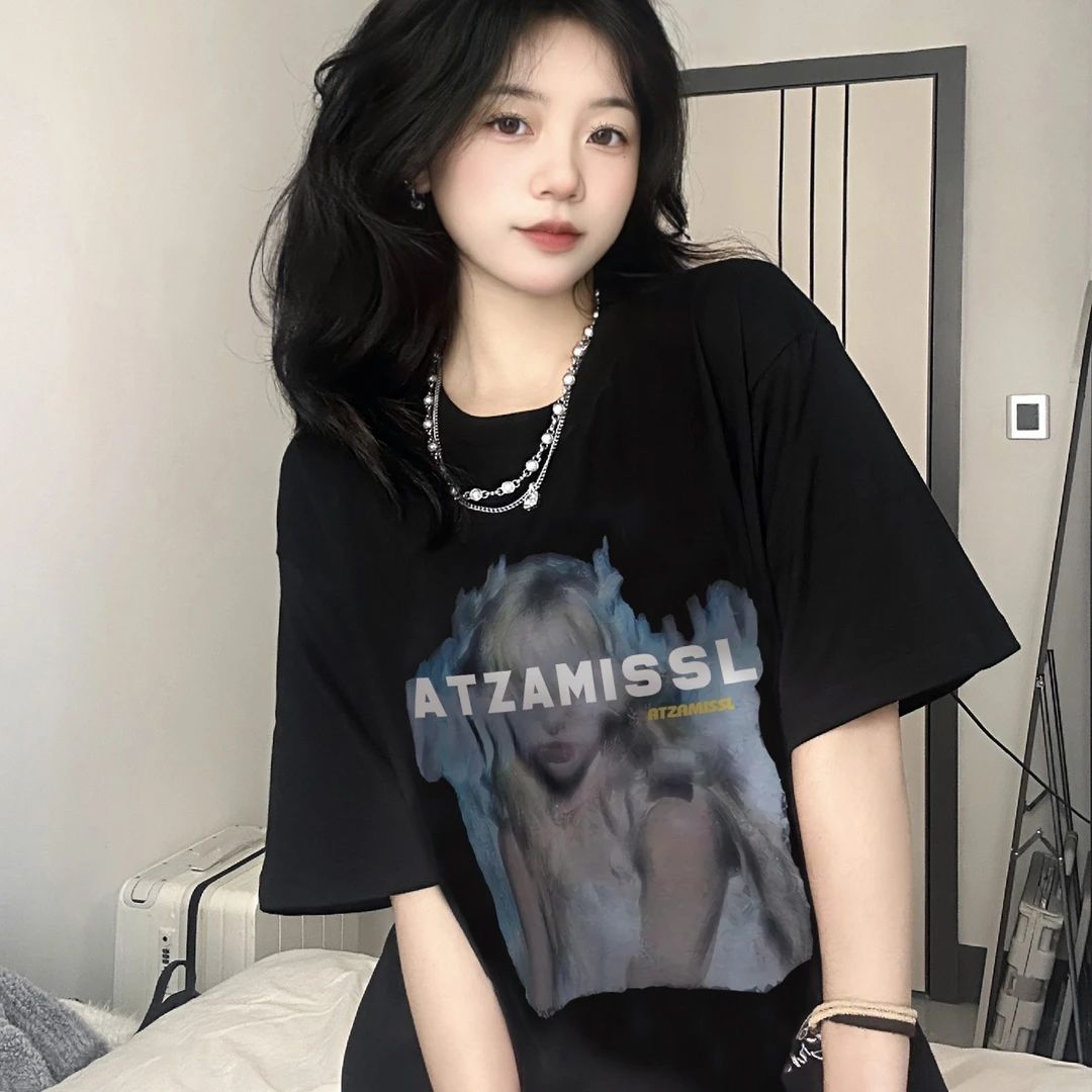 ATZA美式复古油画女孩印花女装短袖T恤宽松百搭休闲情侣上衣#7651