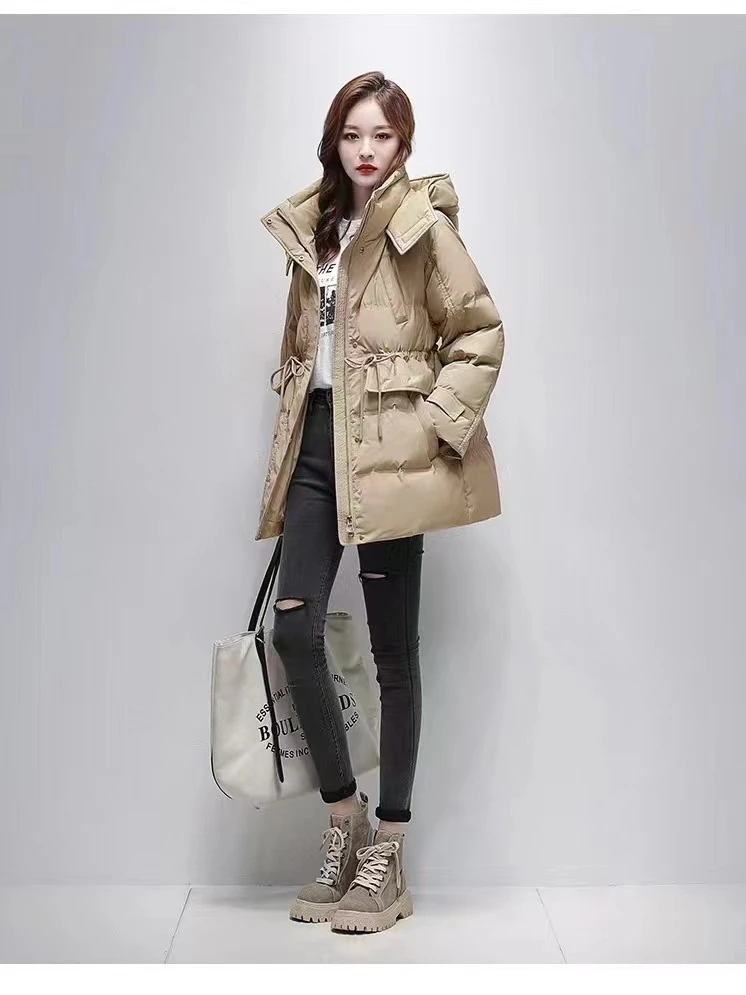 羽绒服女中长款连帽抽绳收腰显瘦时尚洋气冬季外套休闲保暖女