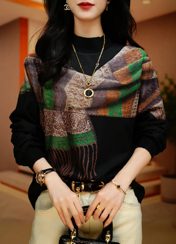 新款高级感海岛棉洋气保暖时尚百搭显瘦圆领上衣秋冬