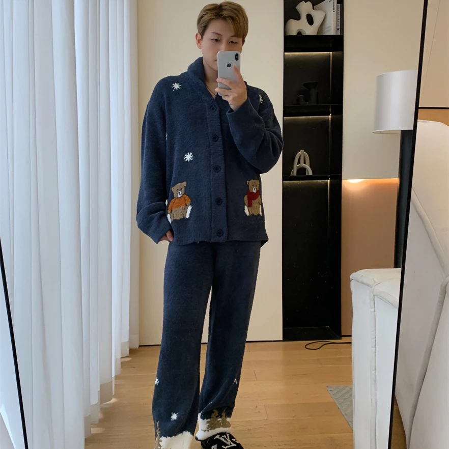 男款【圣诞五只熊】秋冬款软绵绵半边绒翻领保暖家居服睡衣开衫套装