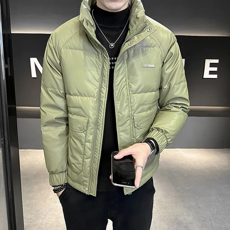 雪中飞痞帅羽绒服男士短款潮流修身立领高级感PU皮上衣冬季2023新