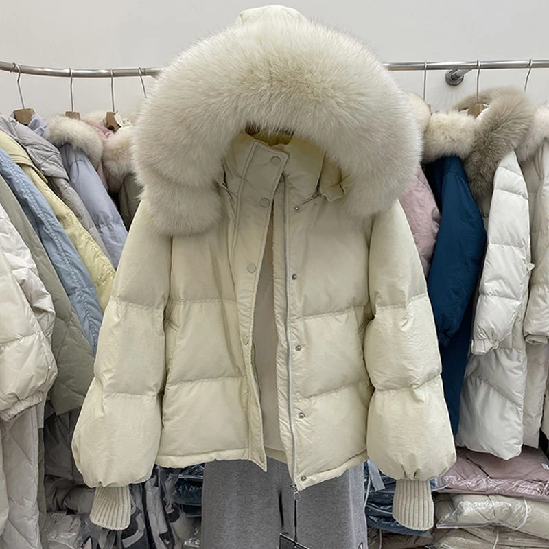 雪中飞短款羽绒服女2023年冬季新款韩版宽松大毛领针织袖小个子加