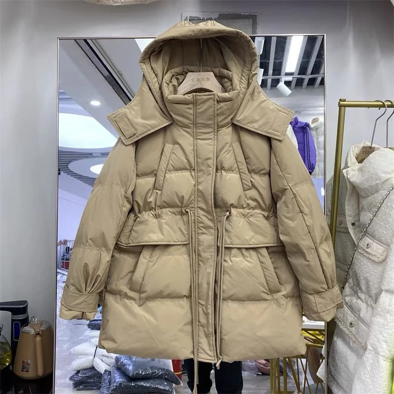 雪中飞反季羽绒服女2022年新款工装红色中长款东大门收腰连帽加厚