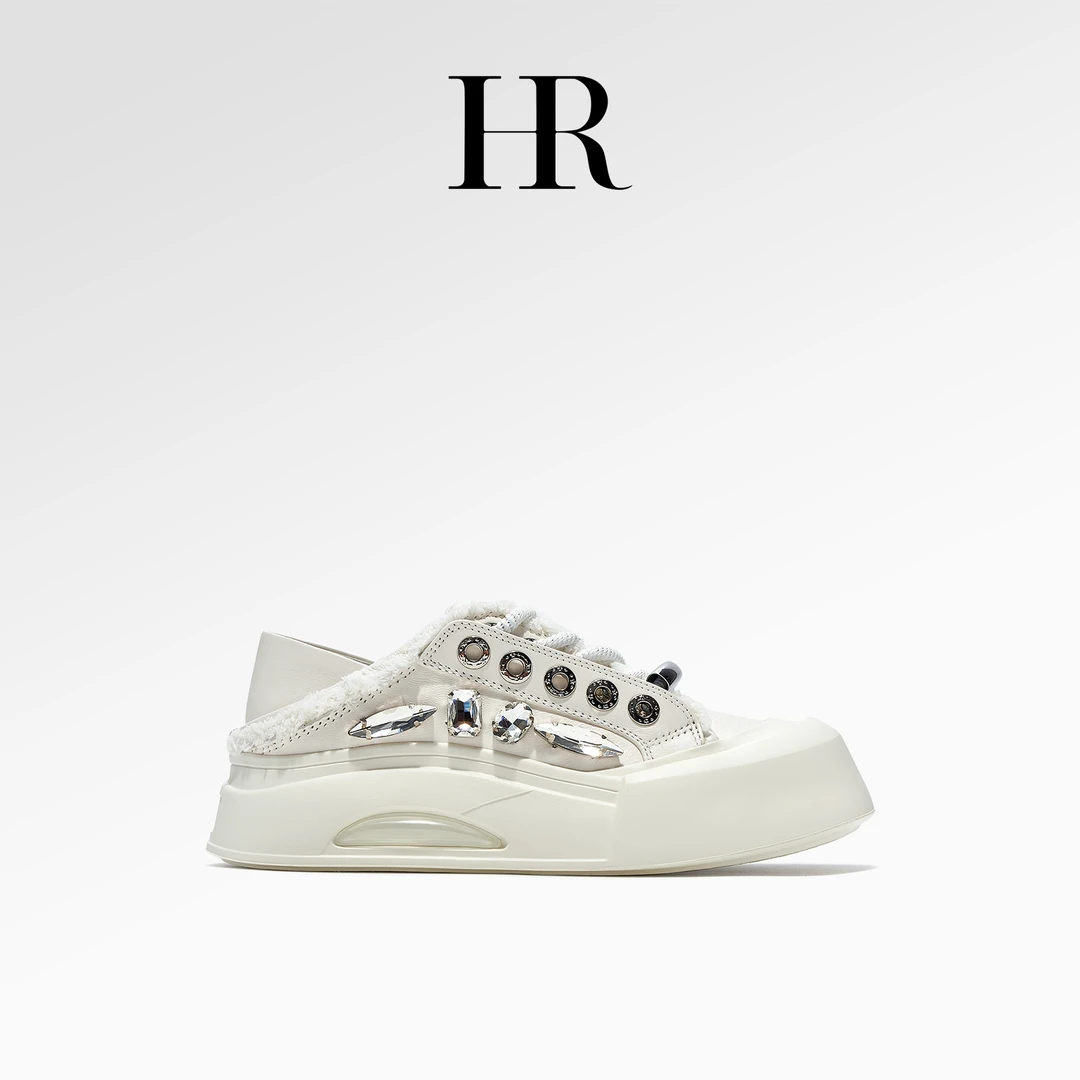 HR/赫莲娜2024夏季新款真皮两穿小白鞋女小众设计感水钻厚底板鞋
