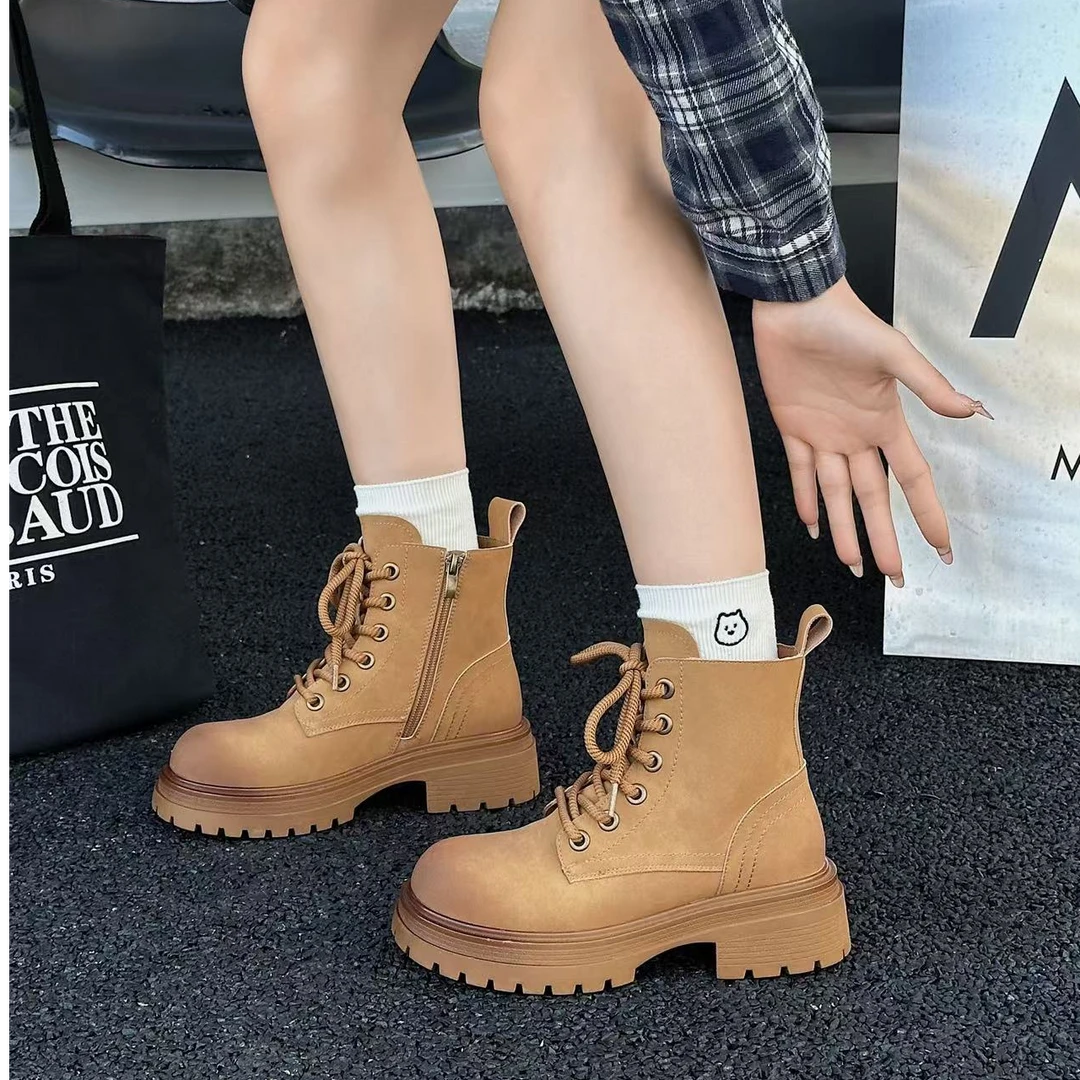 金苹果快时尚女鞋607-1休闲百搭真皮复古英伦风秋冬大黄靴