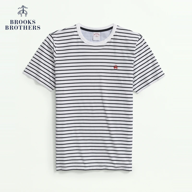 Brooks Brothers/布克兄弟男士春夏新款棉圆领条纹刺绣logoT恤