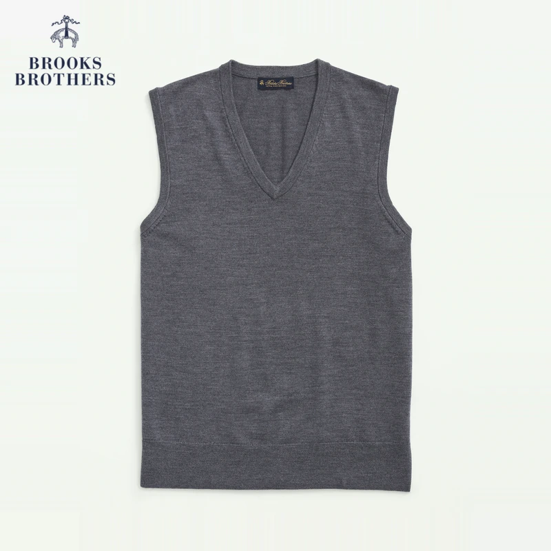 Brooks Brothers/布克兄弟男士秋新美利奴羊毛V领纯色针织背心