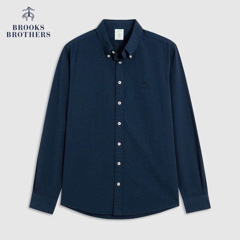 Brooks Brothers/布克兄弟男修身版泡泡纱凉感扣结领长袖休闲衬衫