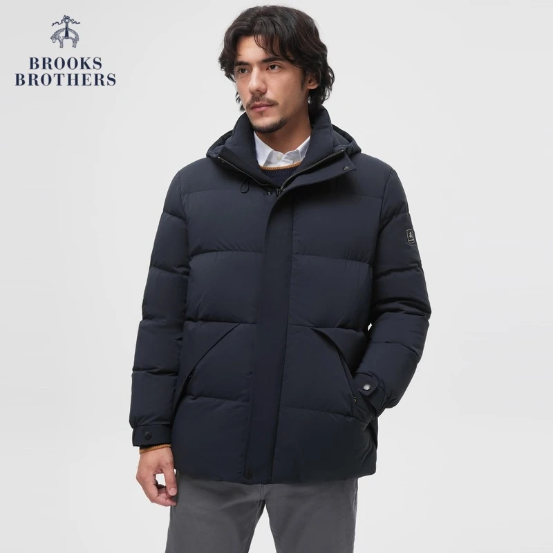 Brooks Brothers/布克兄弟男士25初春鹅绒纯色保暖连帽羽绒服外套