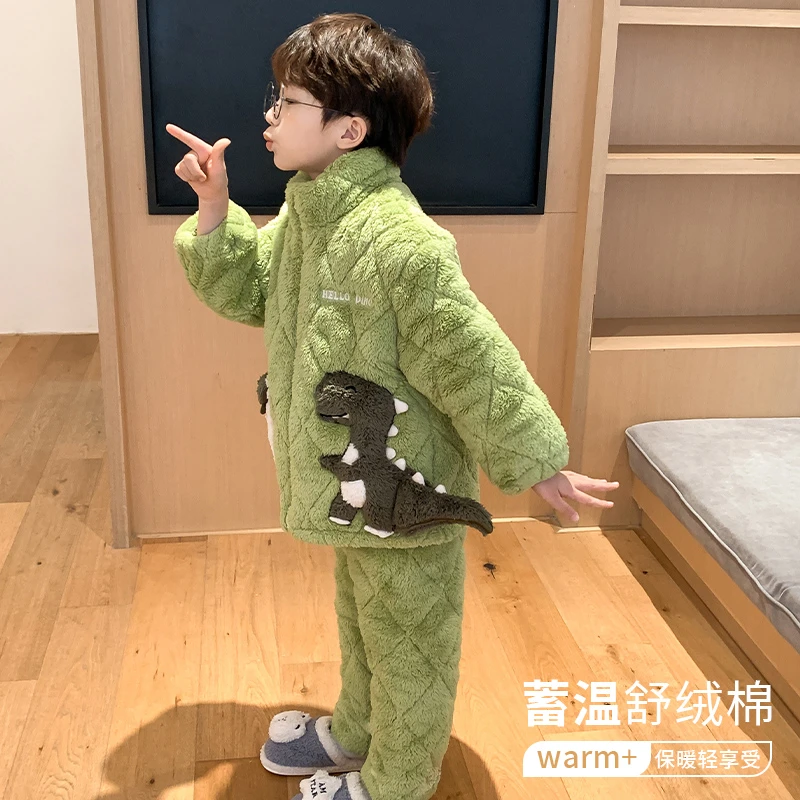 儿童睡衣男童冬季珊瑚绒法兰绒加绒加厚夹棉小恐龙卡通男孩家居服