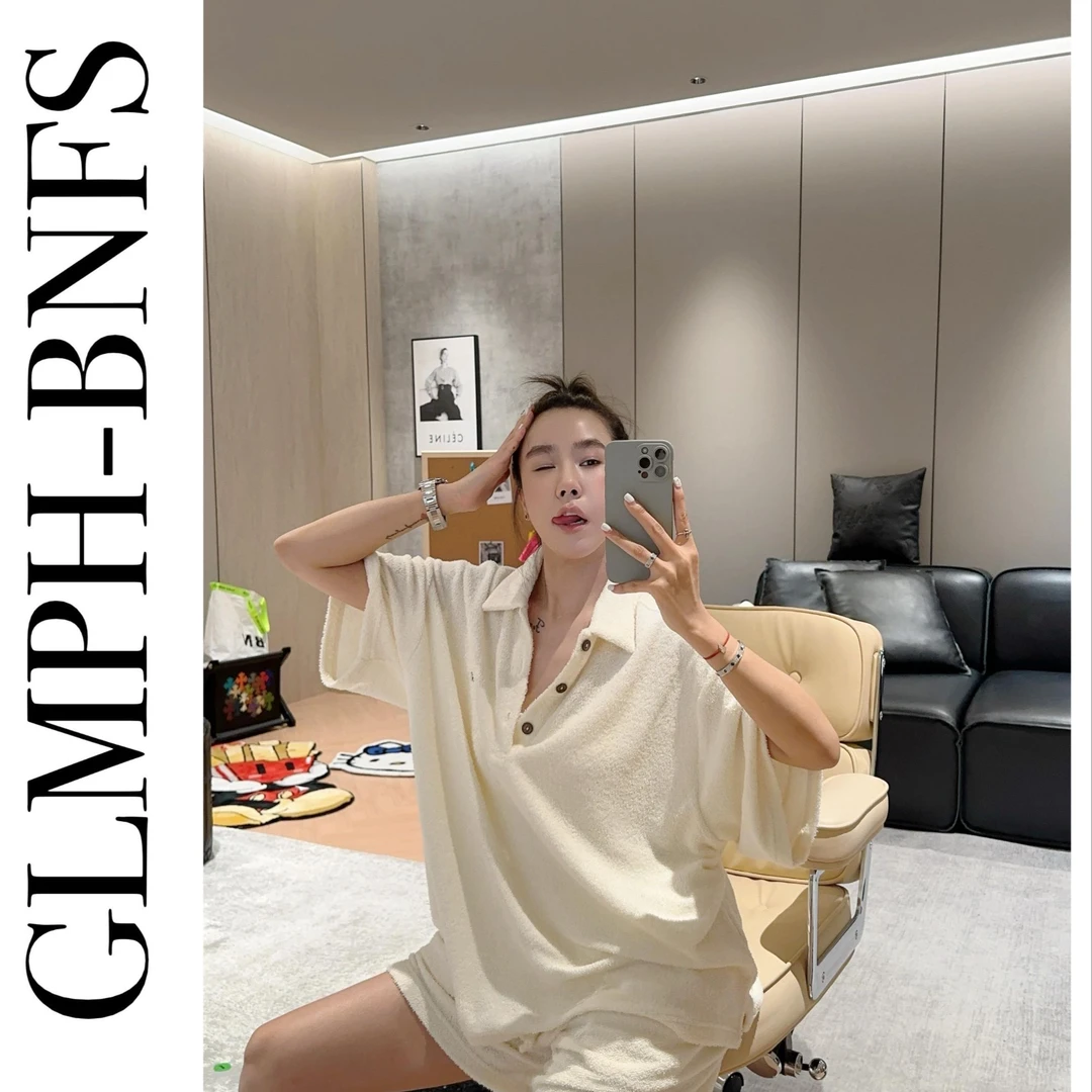 GLMPH-BNFS【运动少女】韩系简约纯色翻领纽扣上衣+松紧腰短裤-507