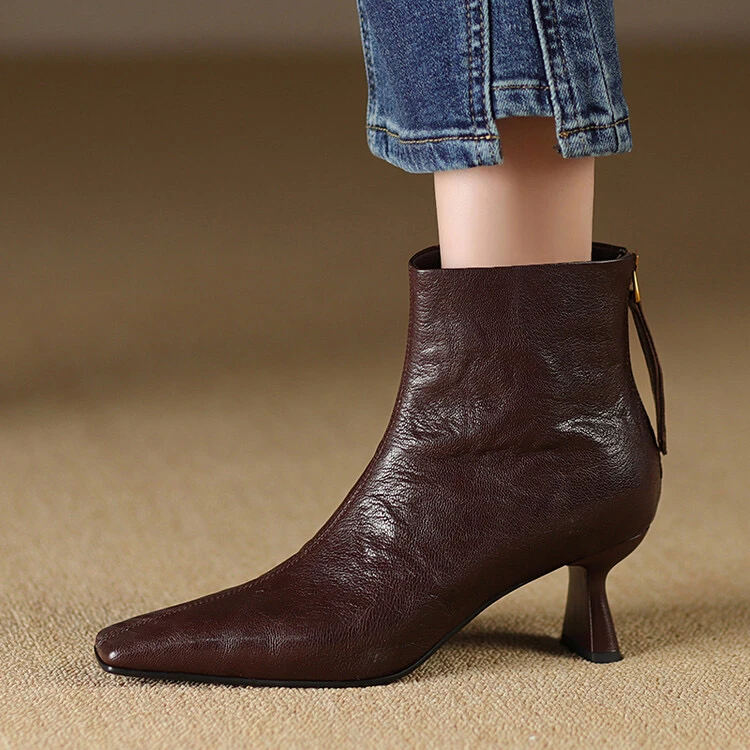 阿丽塔~5cm秋冬新款高跟方头瘦瘦靴时尚百搭真皮气质骑士靴短靴女