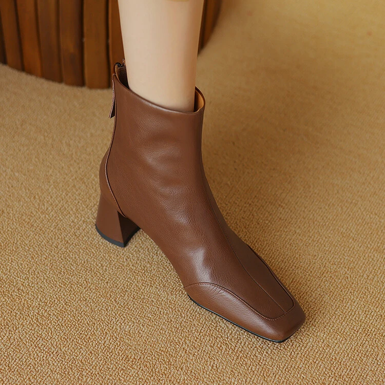 阿丽塔~5cm秋冬复古方头粗跟真皮女靴时尚百搭短靴英伦风瘦瘦靴