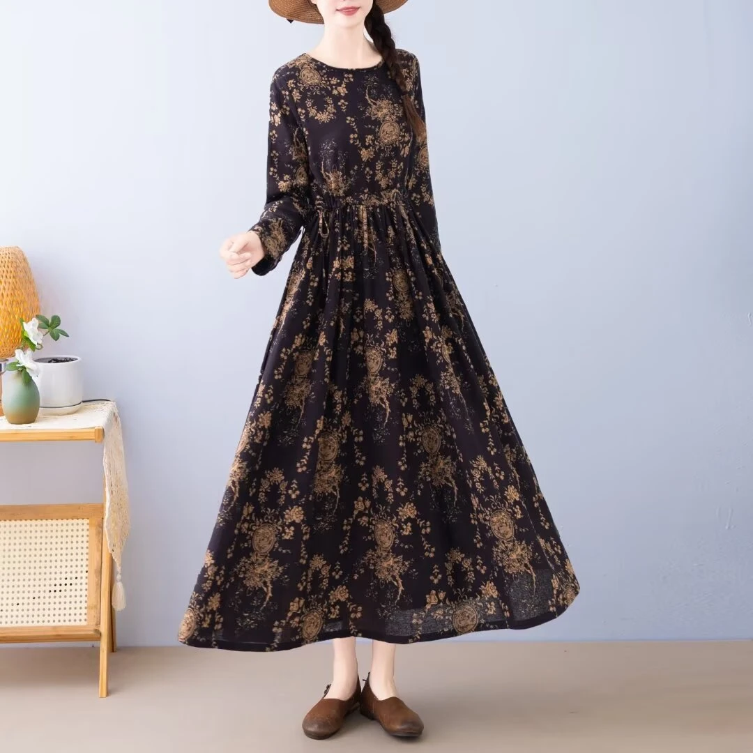 长款亚麻长袖连衣裙春秋季文艺女装民族风显瘦长裙子大摆裙25-2