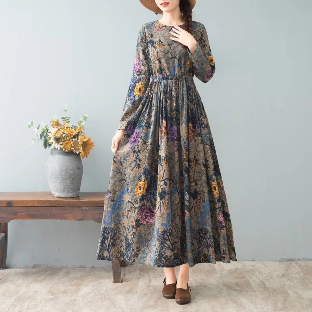 长款亚麻长袖连衣裙春秋季文艺女装民族风显瘦长裙子大摆裙25-1