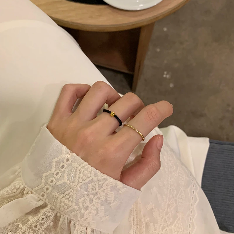 两件套转运珠素圈戒指女小众设计可调节尾戒简