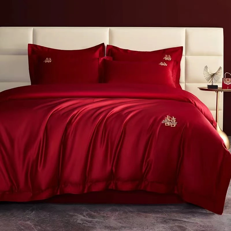 简约双喜长绒棉婚庆四件套大红色纯棉全棉陪嫁喜被结婚床上用品