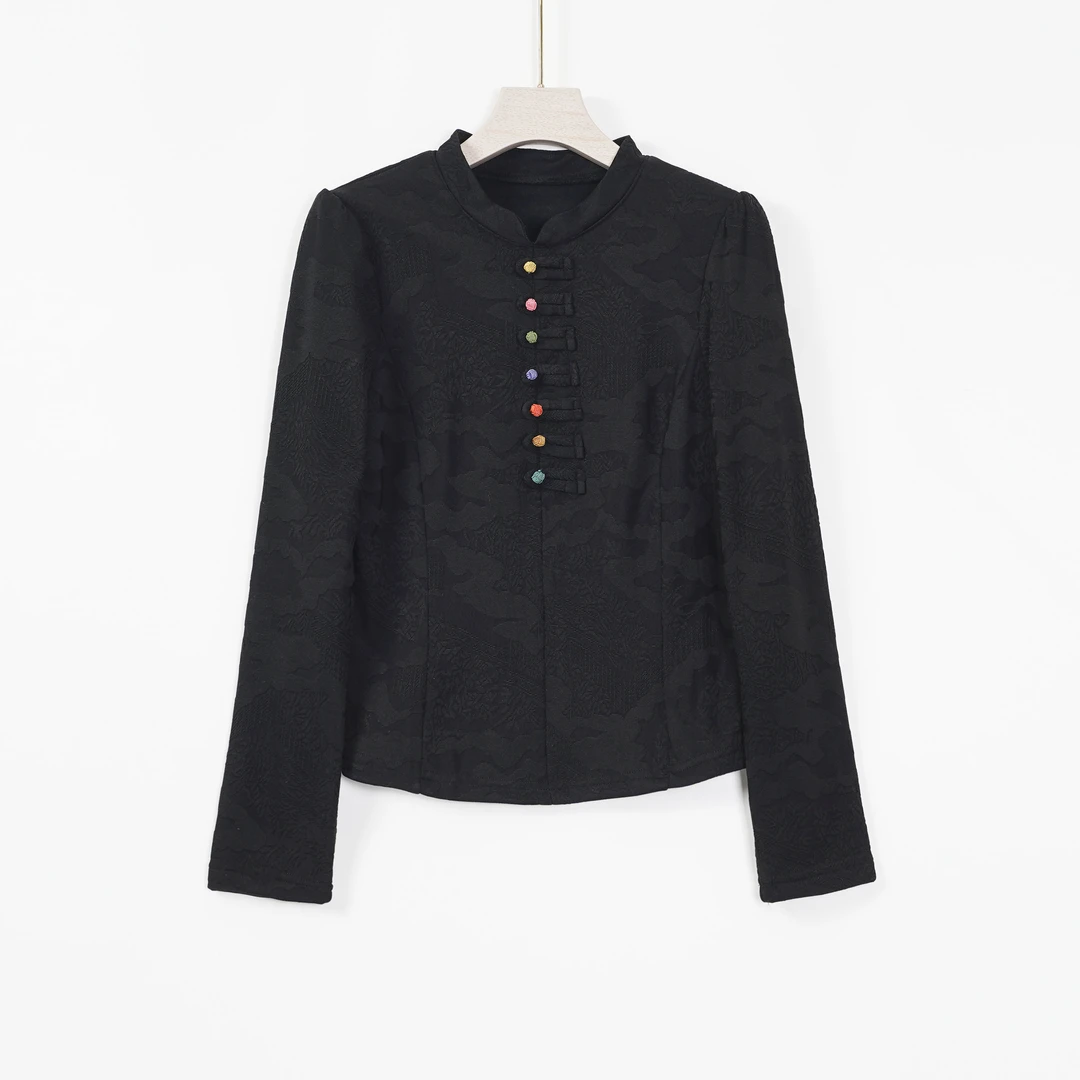 2025新中国风绣花立领提花百搭时尚设计师女款气质套头内搭W8670