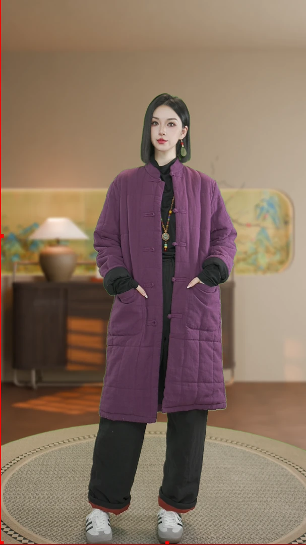 时空集原创正品0003冬季天丝麻夹棉宽松麻棉衣女款新中式国风棉服