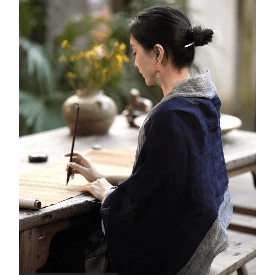 2406【184*70】披肩欧若风经典百搭时尚夏季长款亚麻围巾藏青大边框