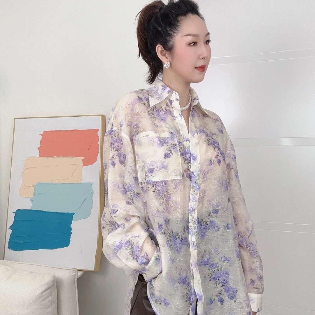 春夏 新花色 时尚晕染印花长袖宽松衬衫 女气质高端宽松上衣