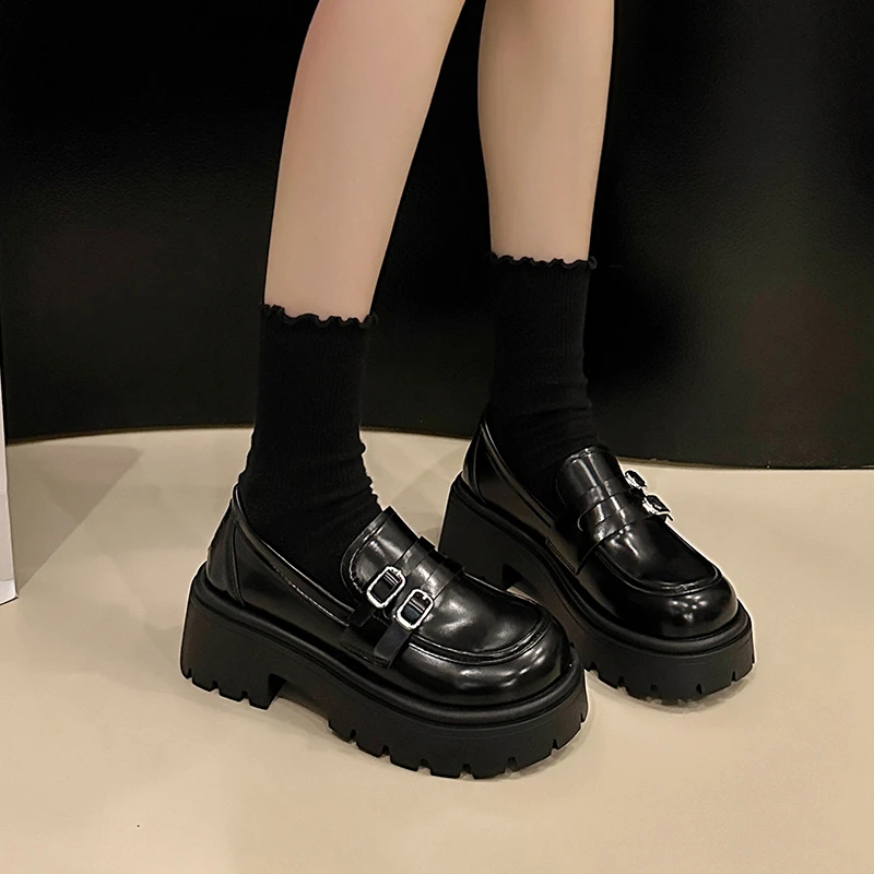 小个子厚底百搭小皮鞋女英伦风一脚蹬乐福鞋2025春秋新款粗跟单鞋