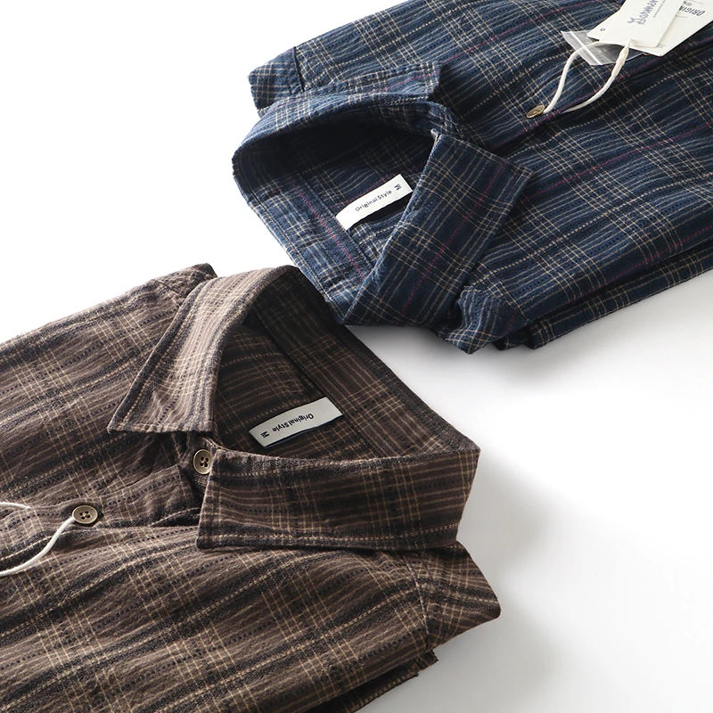 定织水洗 美式复古条纹衬衫 男士春秋新款休闲衬衣百搭格子外套潮