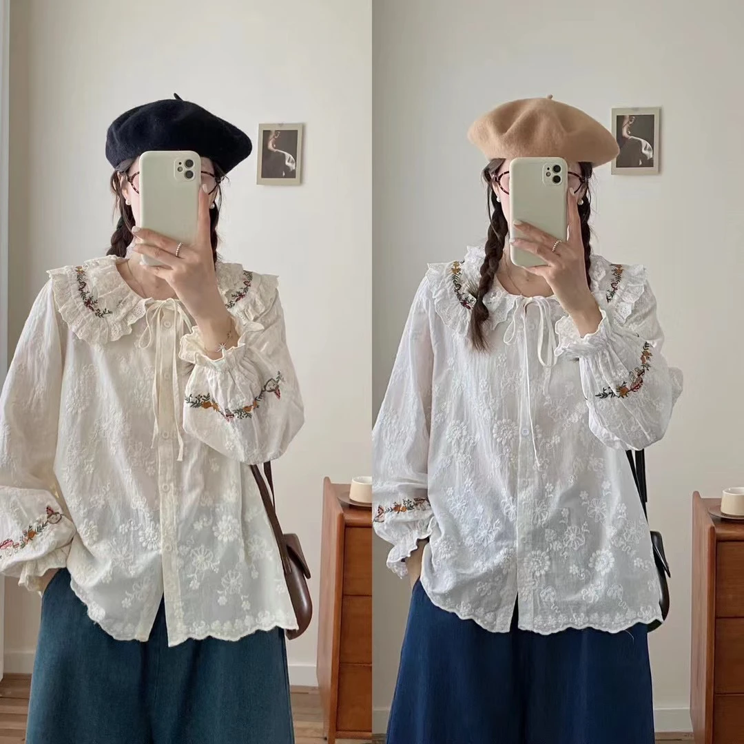 女翻领衬衫森女系棉刺绣大领袖口收口衬衫宽松衬衣上衣文艺风开衫