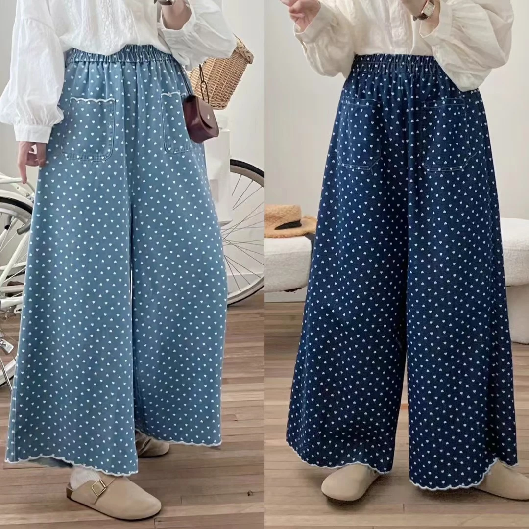 夏季新韩版宽松显瘦爱心牛仔裤长款修身阔腿气质款森系