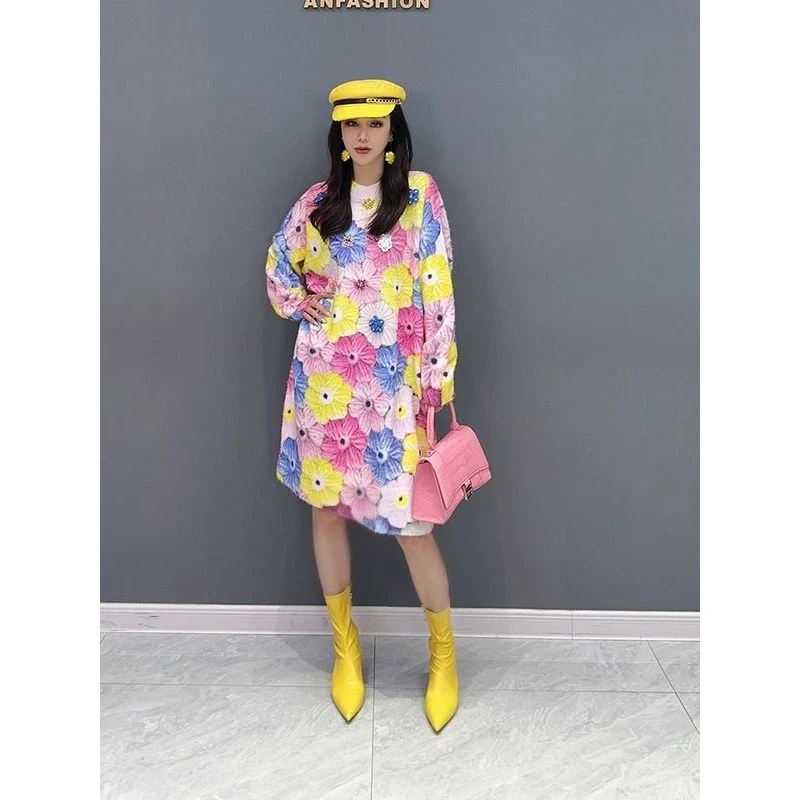 2024春季新款针织毛衫宽松中长款毛衣花朵连衣裙时尚潮流减龄女