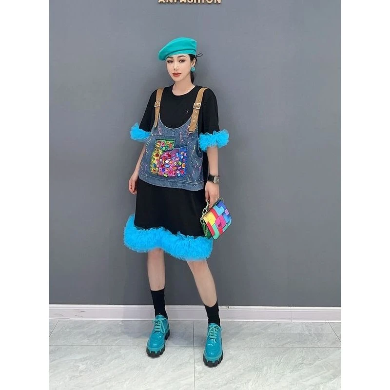 琴公子夏季新款韩版拼接牛仔时尚网纱裙边假两件可爱连衣裙显瘦女