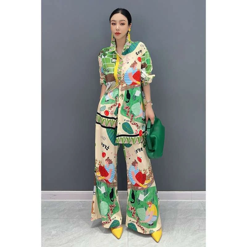 娜2025夏女士套装长袖印花衬衫阔腿长裤两件套时尚休闲优雅淑女