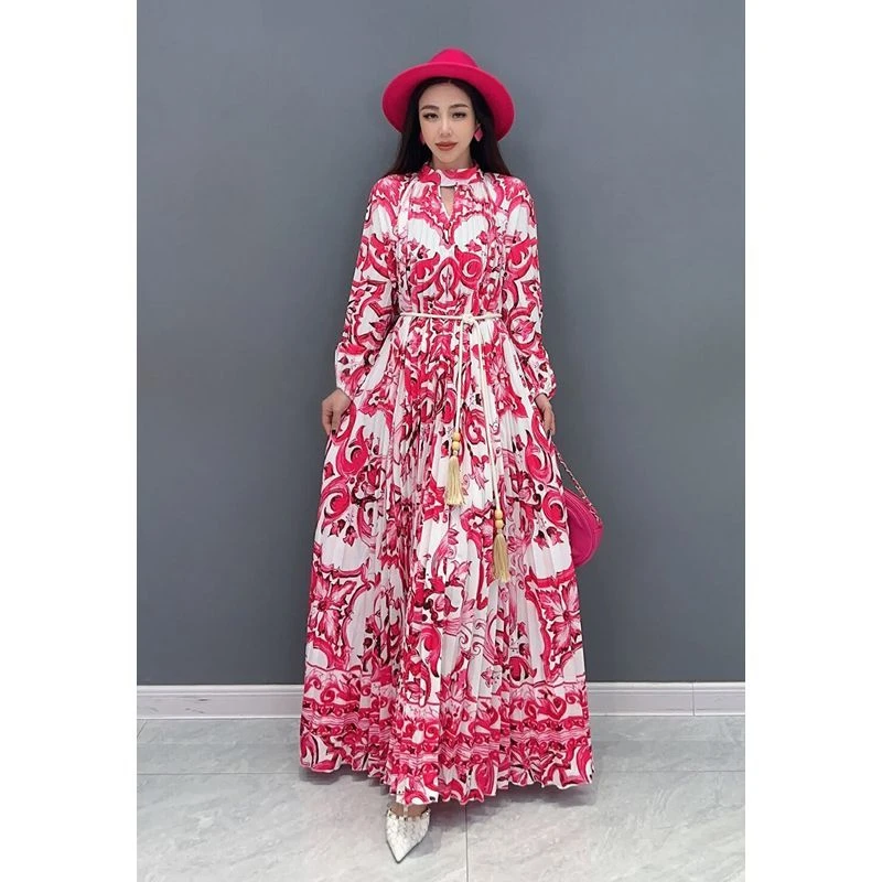 2025夏季新款百褶连衣裙印花长裙长袖宽松时尚优雅淑女气质女装