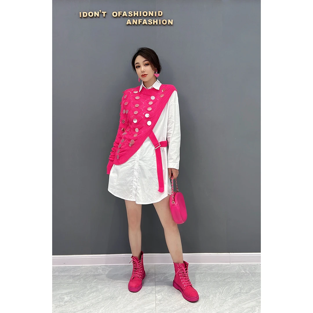 2024冬季新款韩版时尚潮流百搭上衣两件套女装减龄针织拼接复古