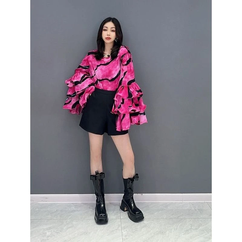 2024冬季新款印花衬衫长袖花瓣袖条纹上衣百搭显瘦大码时尚女装