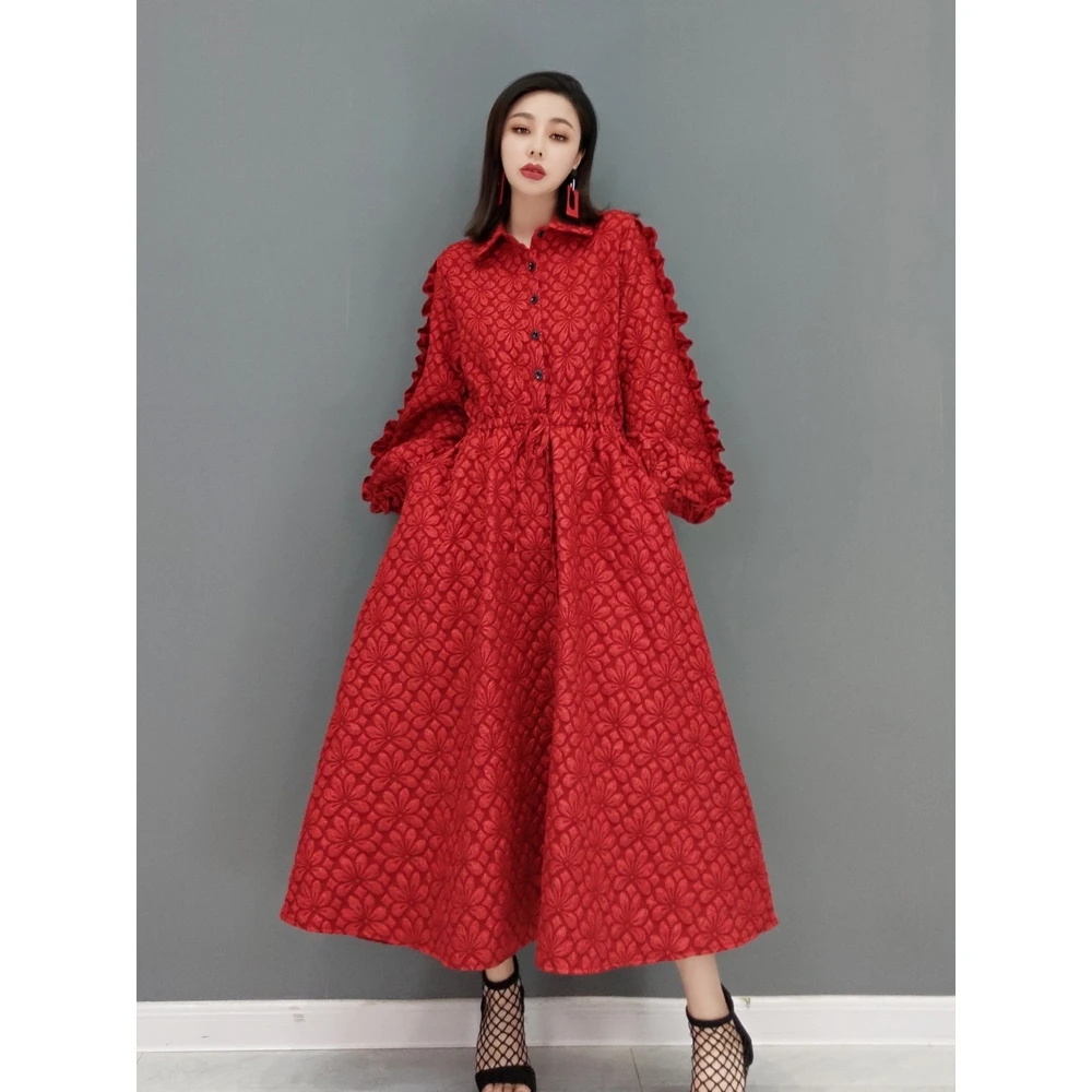 2024秋季新款时尚连衣裙红色提花衬衫收腰休闲宽松棉服裙复古