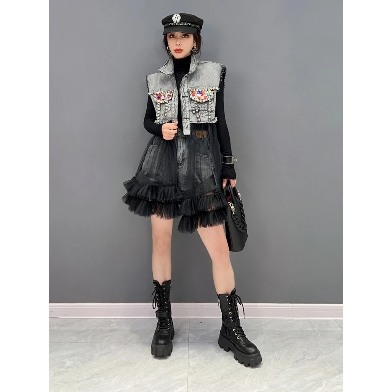 2024早春新款牛仔拼网纱长款马甲外套洋气时尚百搭休闲气质女装