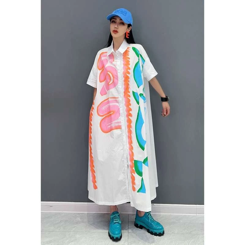 2025夏季新款女士连衣裙长衬衫裙印花短袖休闲时尚优雅ins风宽松