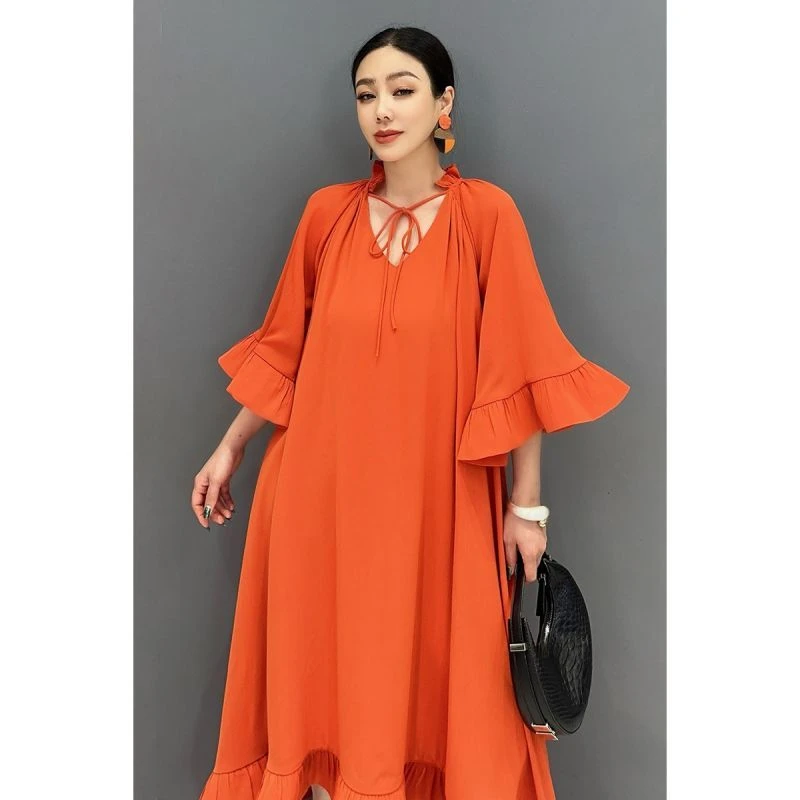 2025秋季新款女连衣裙V领喇叭袖宽松荷叶边大摆长裙时尚女士优雅